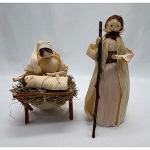Vintage Folk Art Corn Husk Nativity Set Jesus, Mary & Joseph‎ Christmas Decor